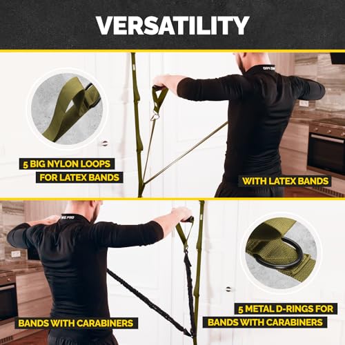 All-in-one military green exercise bands kit with multiple resistance levels