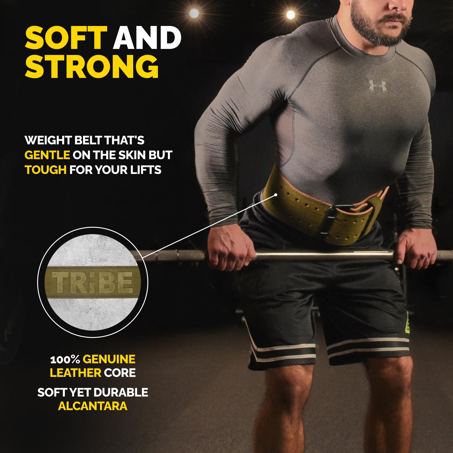 Green Alcantara belt with flexible feel and strong support