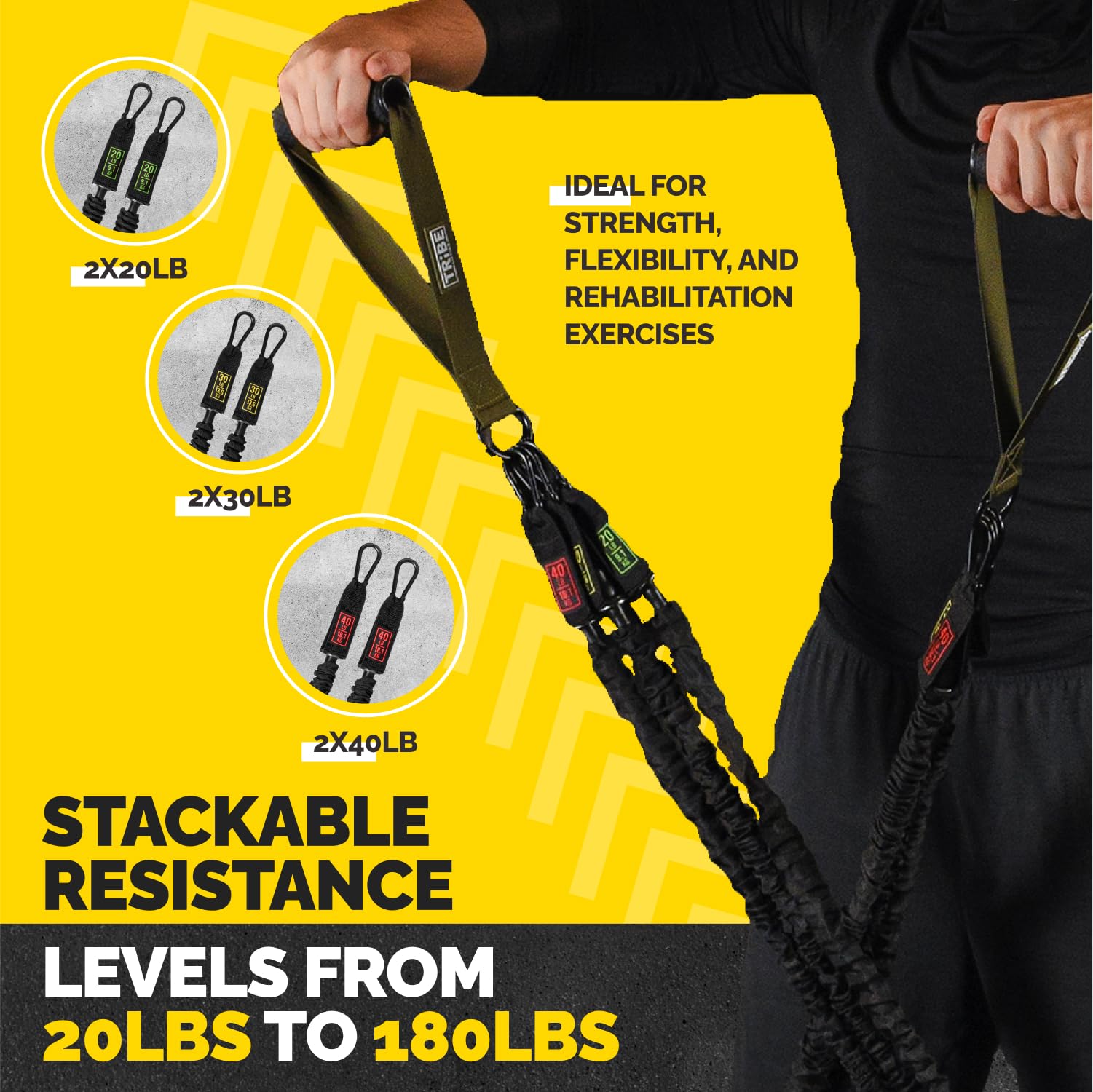Green nylon tube set with stackable resistance up to 180 lbs