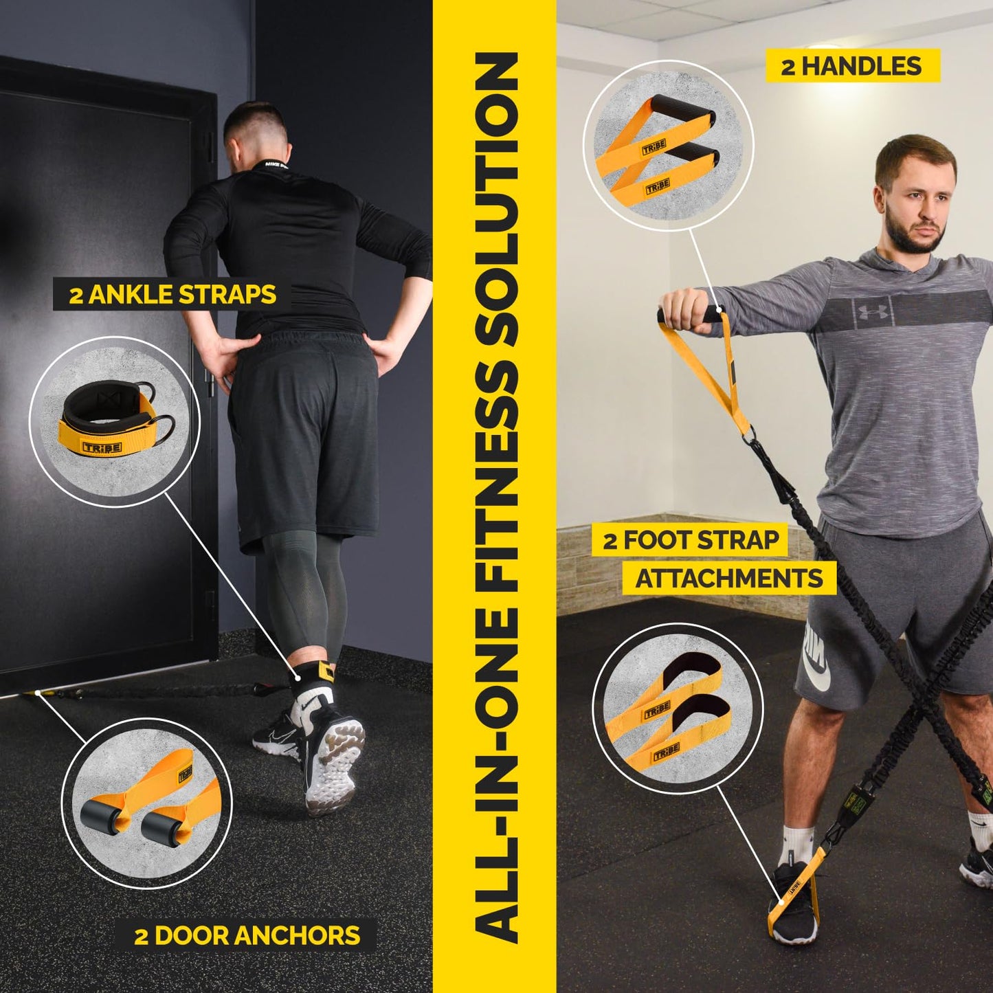 Yellow nylon tube resistance band set all-in-one solution for full body workouts