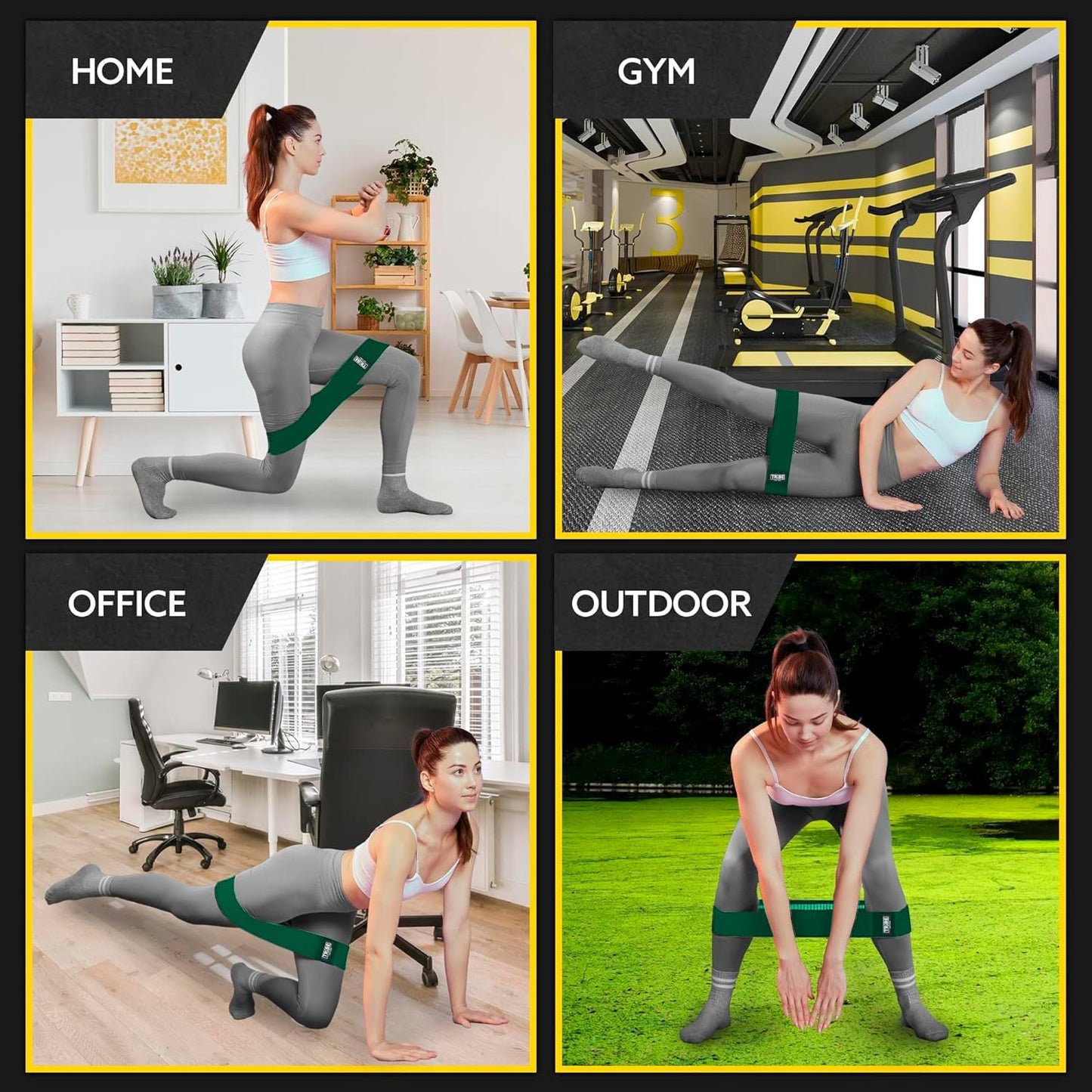 Set of 3 green all light elastic bands designed for gym home outdoor and office exercises