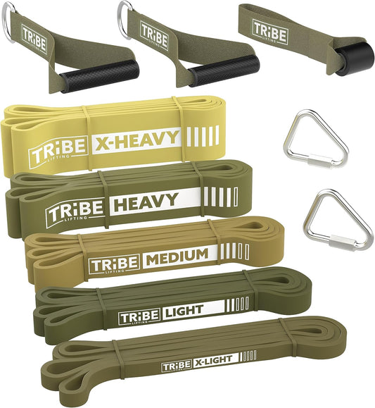 Durable long green exercise bands set for strength training