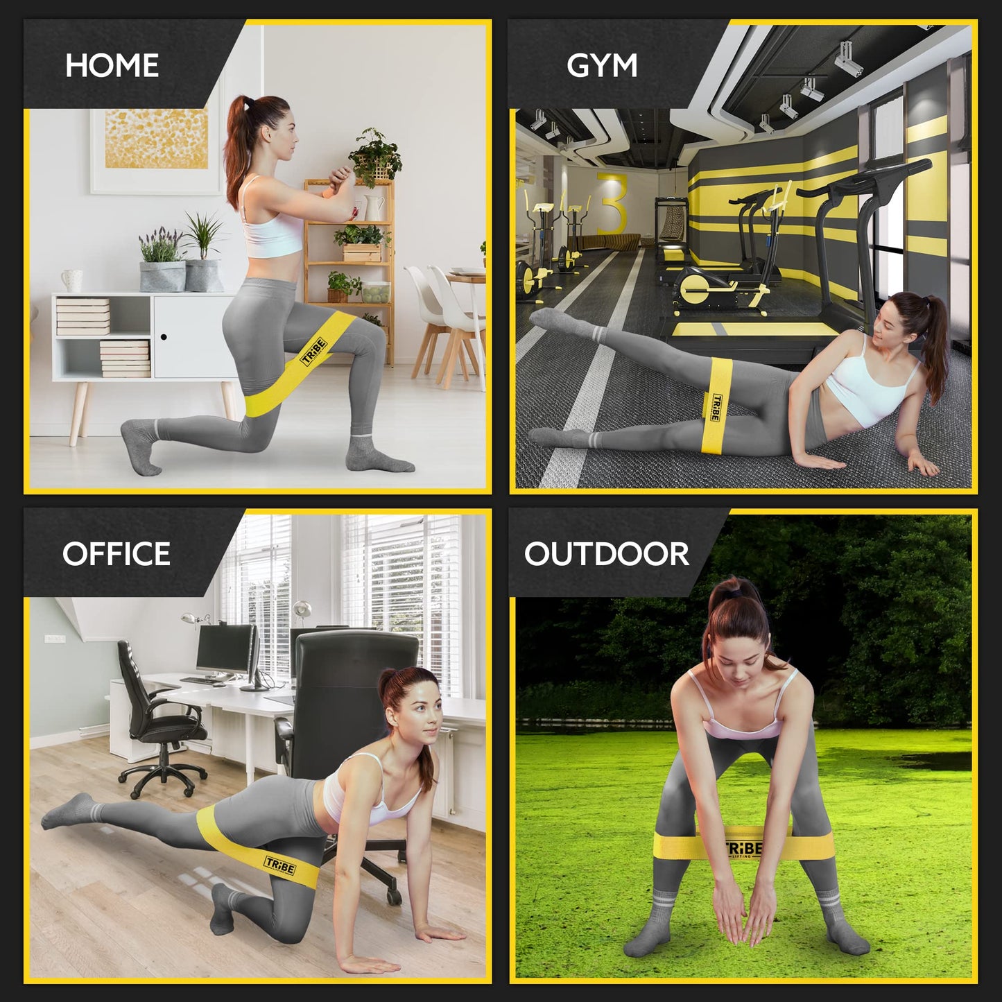 Yellow resistance bands in use – home, gym, office, and outdoor workouts