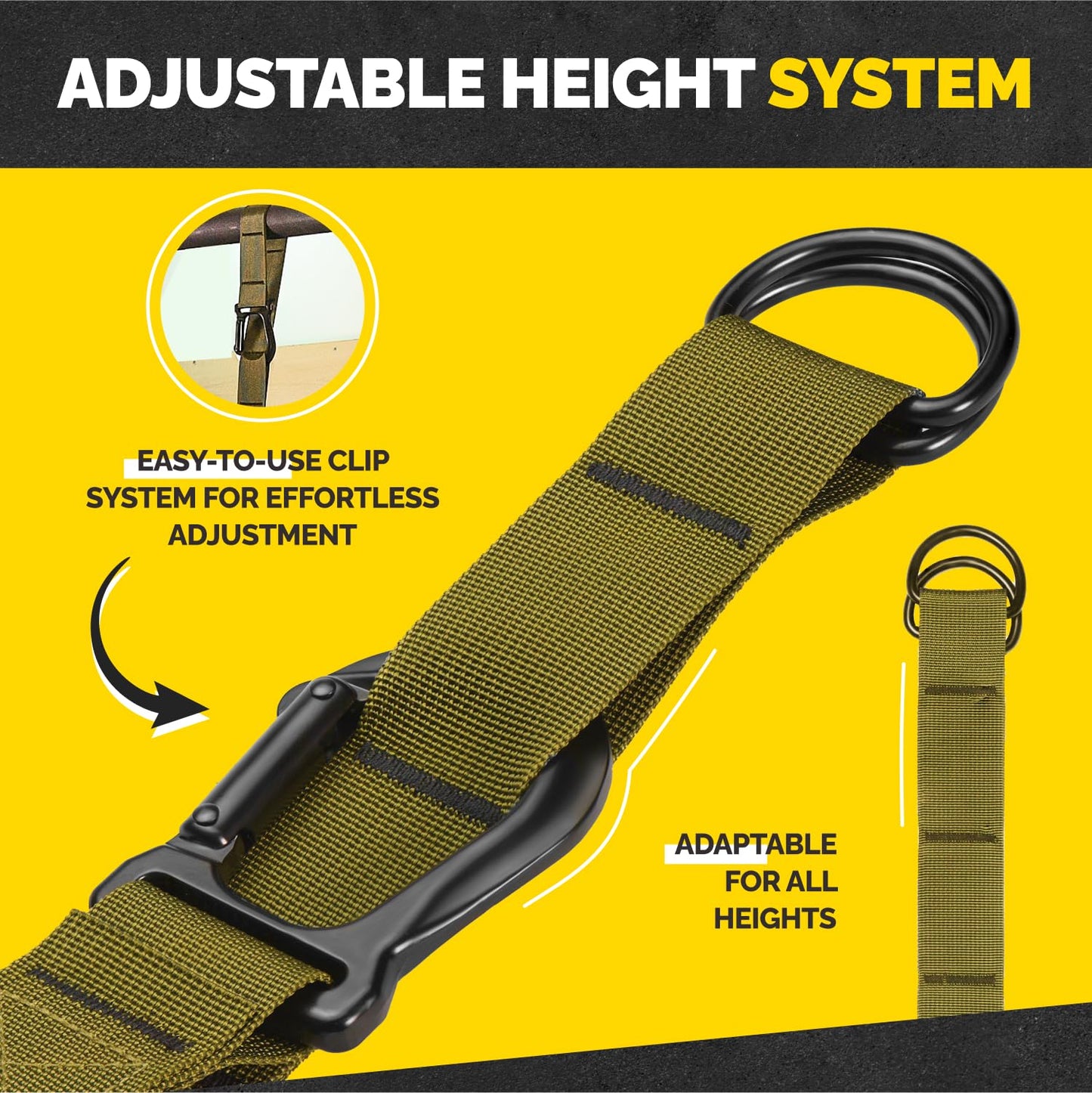 Military green resistance bands offering easy height adjustment