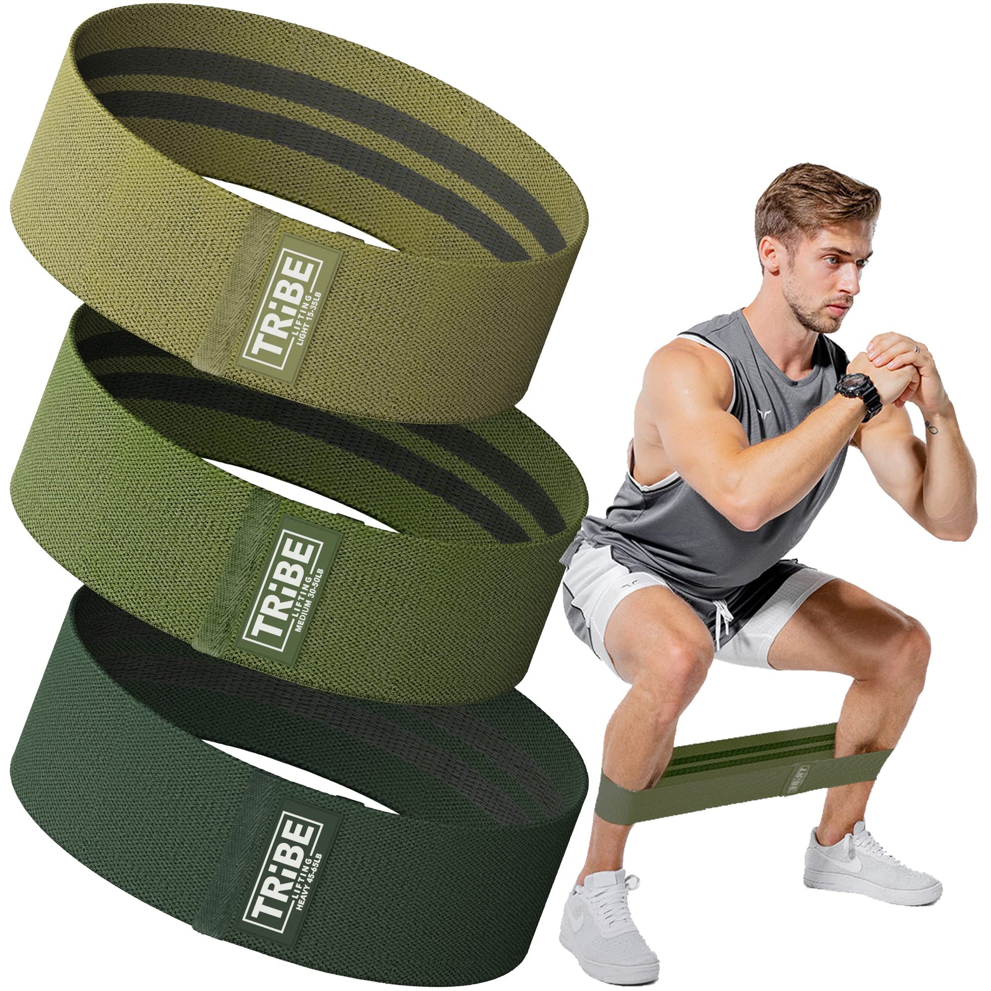 Military green resistance band set – fabric, 3 pieces
