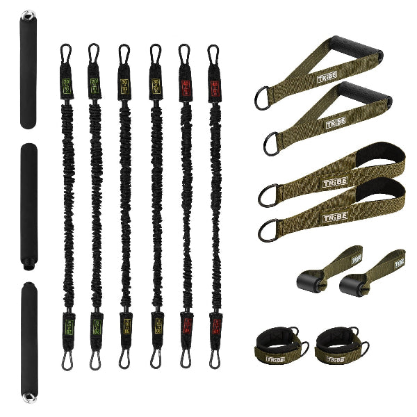 Versatile green nylon tube set with bar for varied exercises