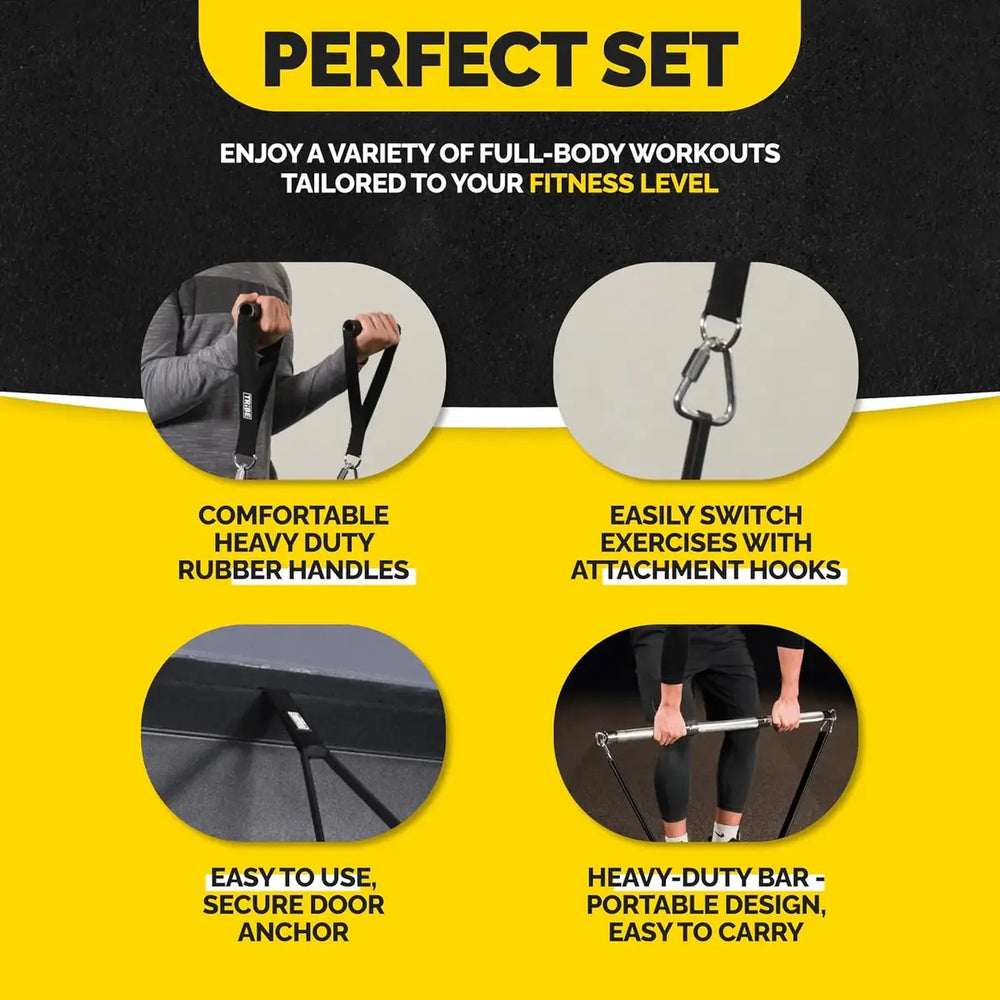 Black Long Resistance Bands Set with Handles & Workout Bar