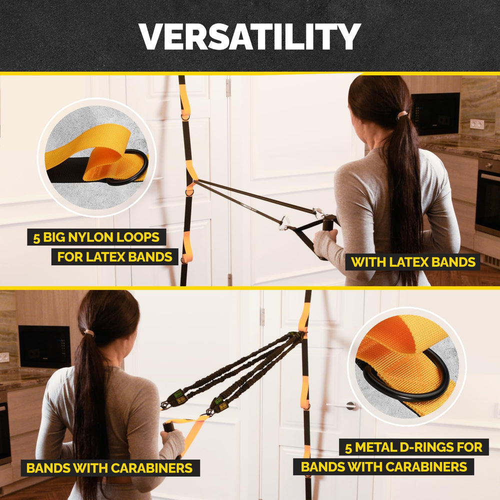 Versatility overview of the Tribe Lifting door anchor for resistance bands showing compatibility with latex bands nylon loops and carabiner attachments