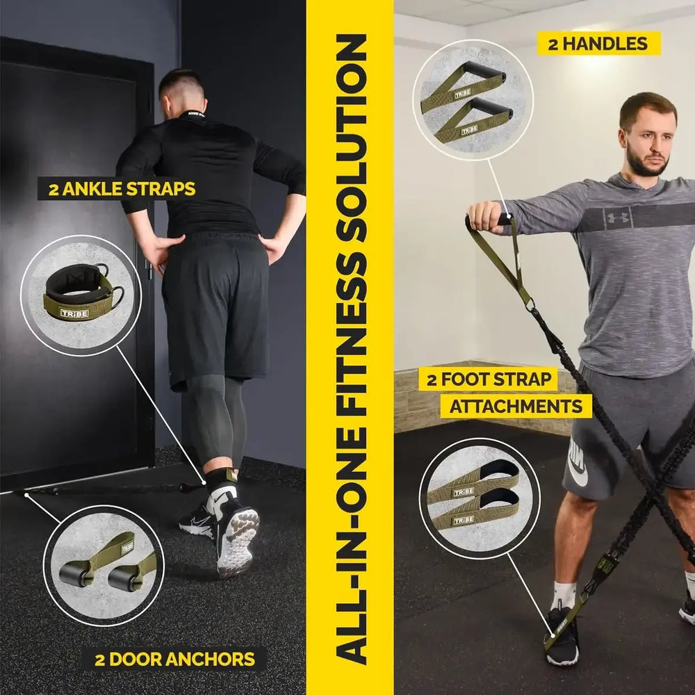 Man using the green Tribe Lifting nylon resistance bands set with handles, ankle straps, door anchors, and foot strap attachments for an all-in-one home gym strength training solution.