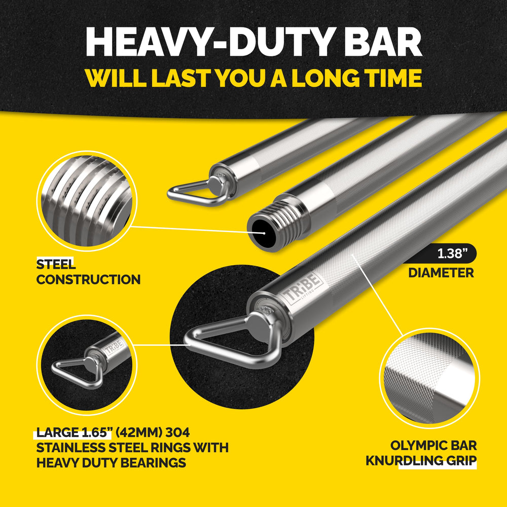 Tribe Lifting heavy-duty steel resistance band bar with 1.38 inch diameter, Olympic bar knurling grip, stainless steel rings, and heavy-duty bearings for long-lasting strength training use.