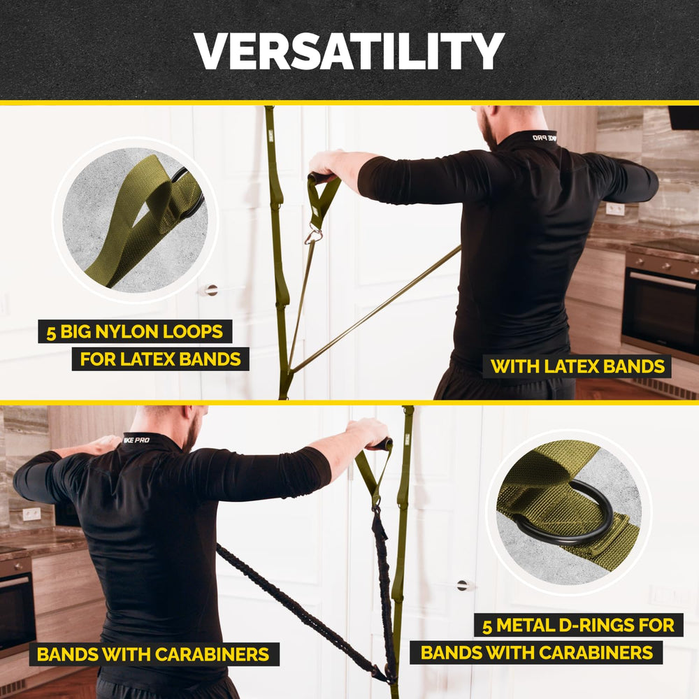 Military green Tribe Lifting door anchor for resistance bands showing compatibility with latex bands and bands with carabiners using nylon loops and metal D-rings