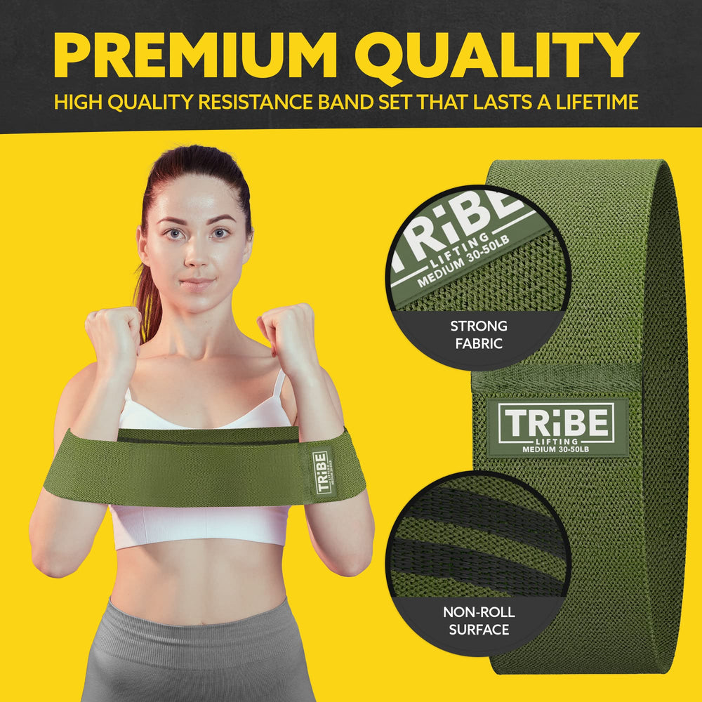 Medium resistance band from the Tribe Lifting military green premium resistance band collection showing strong fabric and non-roll surface details