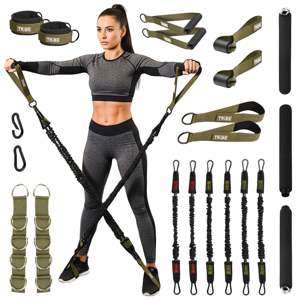 180 lb Tube Resistance Bands Set with Bar & Extension Straps – Military Green