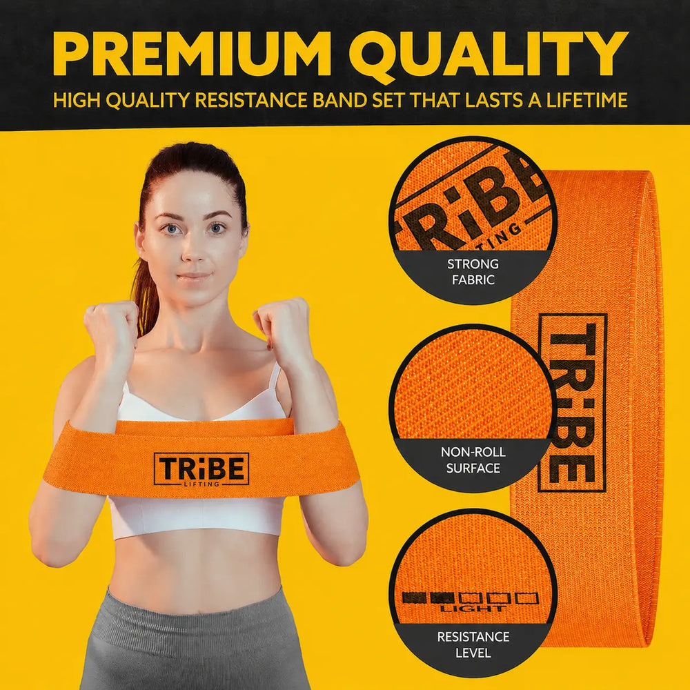 Orange light fabric resistance band from the Tribe Lifting resistance bands set of 5 showing strong fabric and non-roll surface details