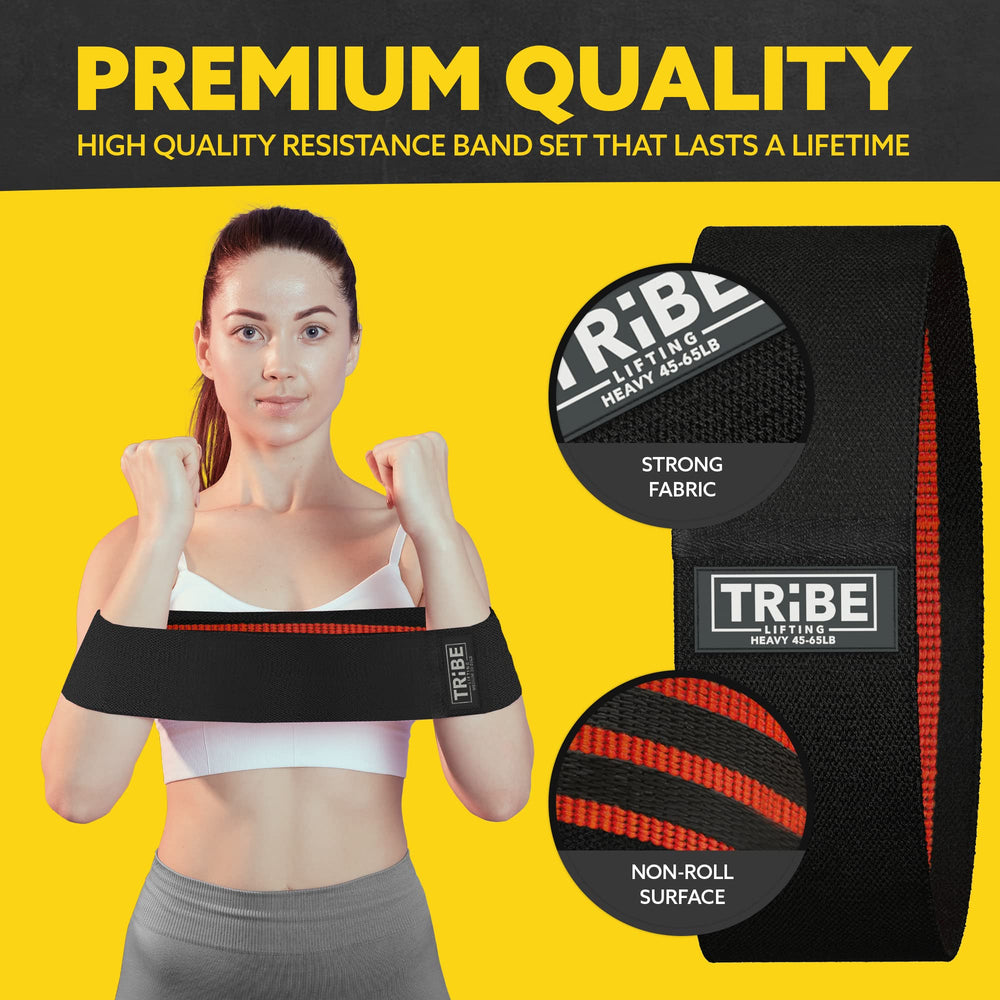 Heavy resistance band from the Tribe Lifting premium resistance bands set 3 showing strong fabric and non-roll surface details