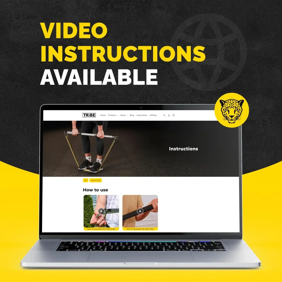 Laptop showing Tribe Lifting video instructions for the steel resistance band bar, with online how-to guides for setup, assembly, and workout use.