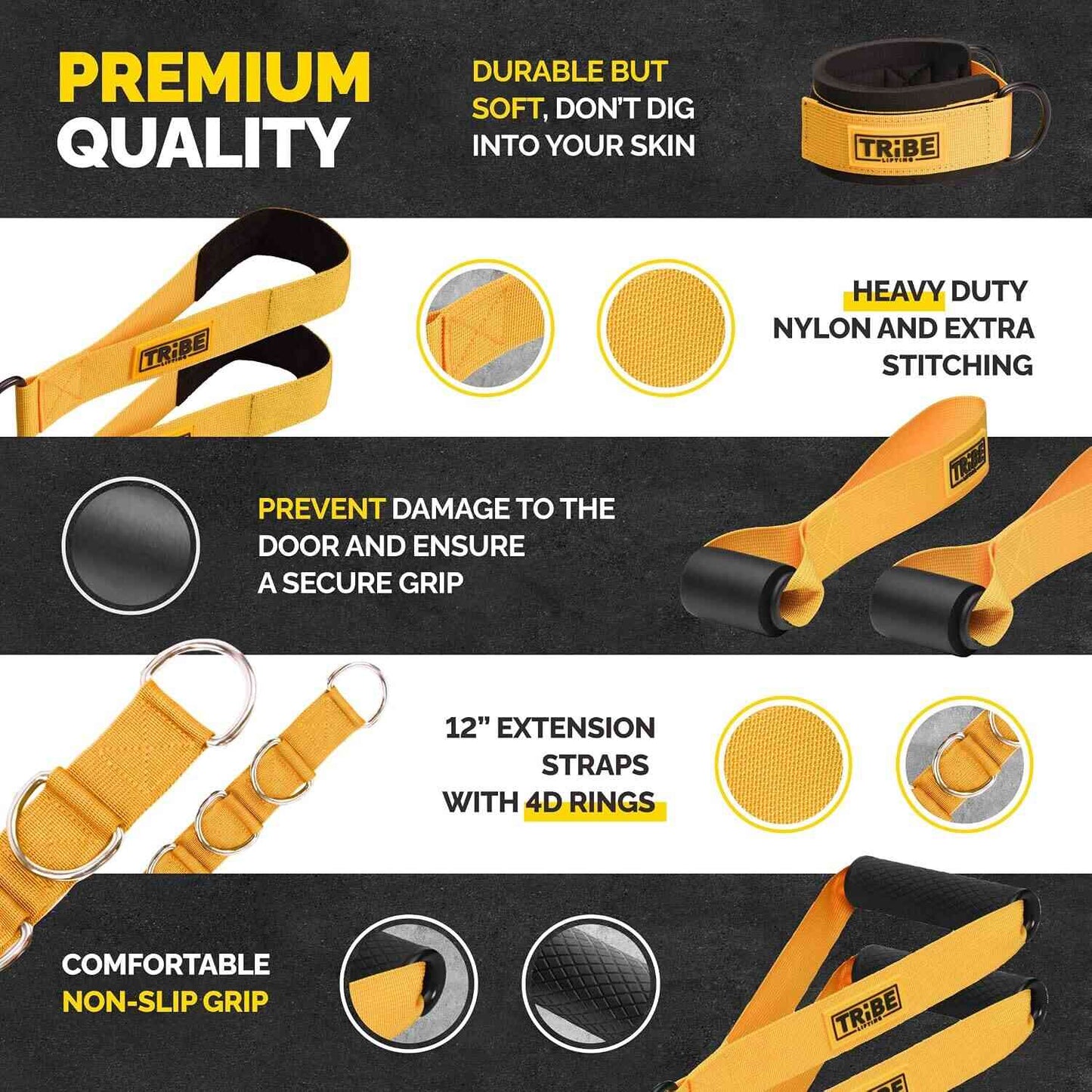 Yellow and black resistance band accessories with padded ankle straps, nylon foot straps, door anchors and 12-inch extension straps with D-rings.