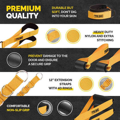 Yellow and black resistance band accessories with padded ankle straps, nylon foot straps, door anchors and 12-inch extension straps with D-rings.