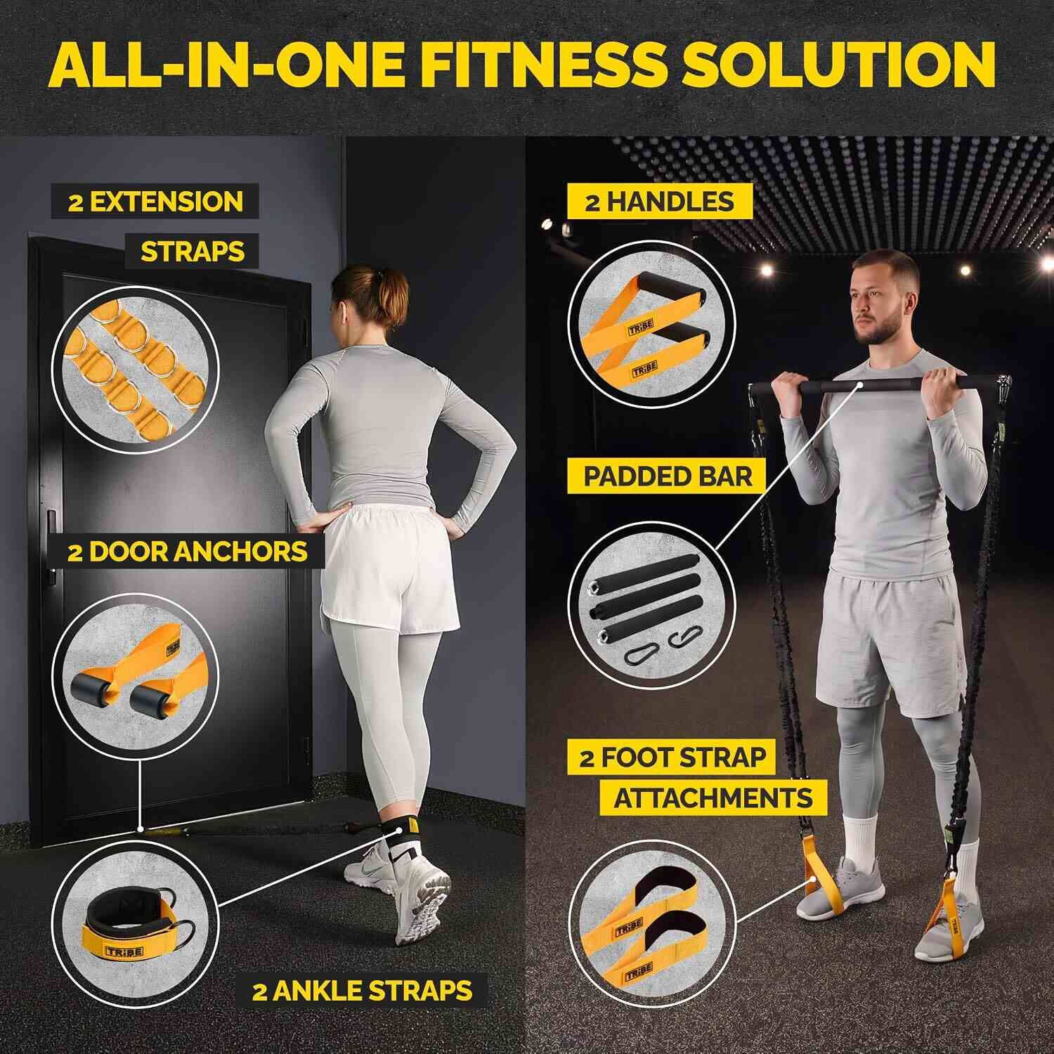 Yellow and black 180 lb tube resistance bands set with padded bar, handles, ankle straps, foot straps, door anchors and extension straps.