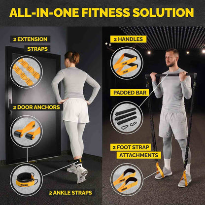 Yellow and black 180 lb tube resistance bands set with padded bar, handles, ankle straps, foot straps, door anchors and extension straps.
