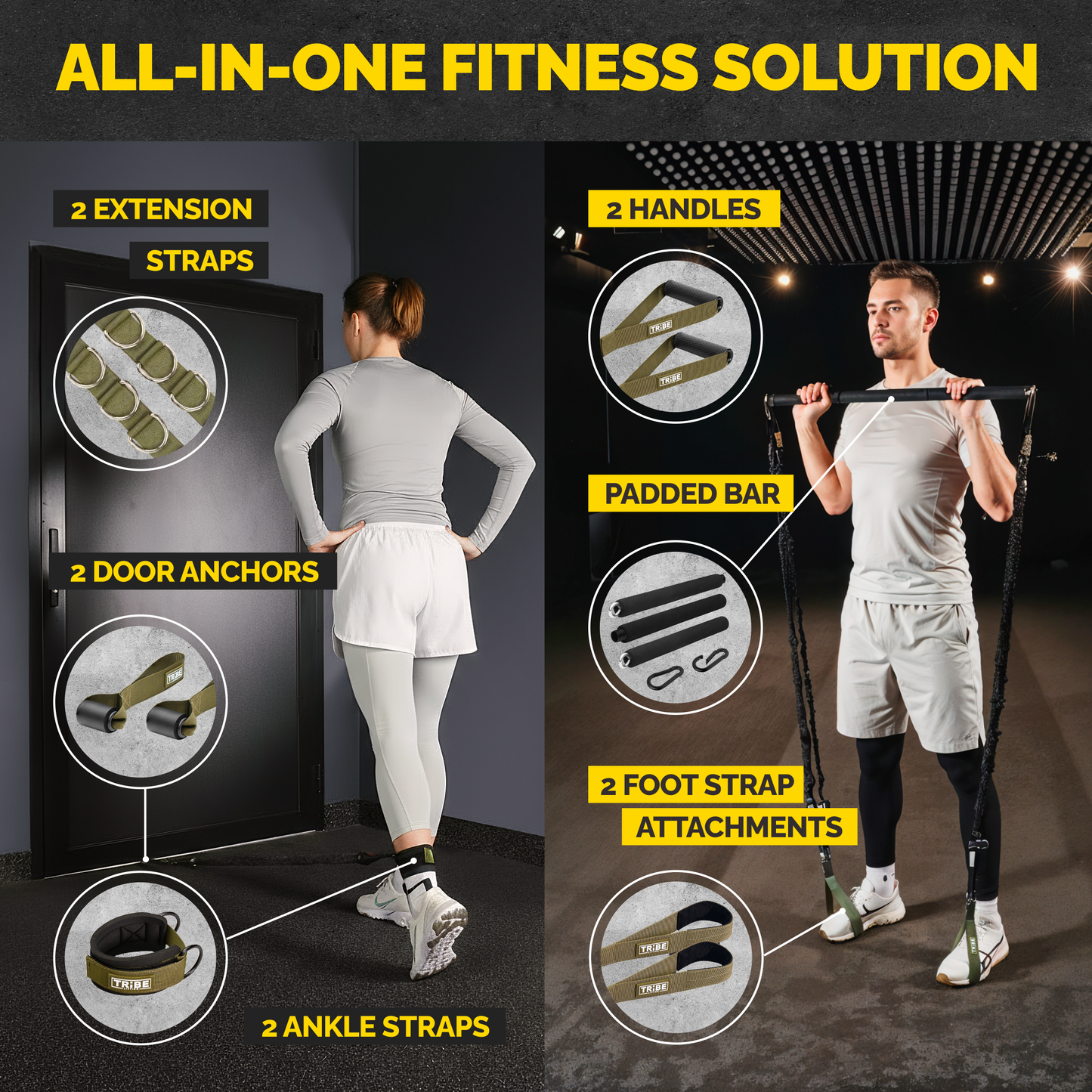 180 lb Tube Resistance Bands Set with Bar & Extension Straps – Yellow Black