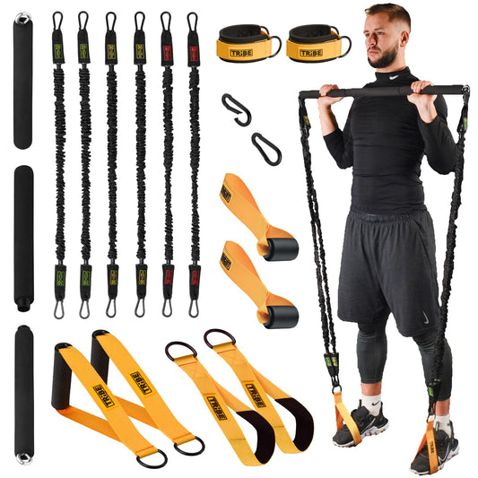 Yellow nylon tube resistance band set with bar and handles for versatile workouts