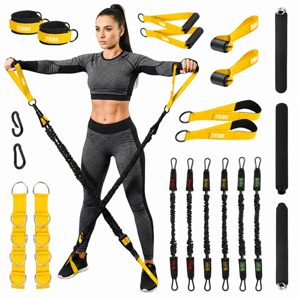 180 lb Tube Resistance Bands Set with Bar & Extension Straps – Yellow Black
