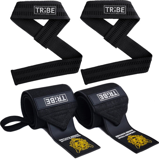 Premium black wrist wraps and lifting straps pair for powerlifting