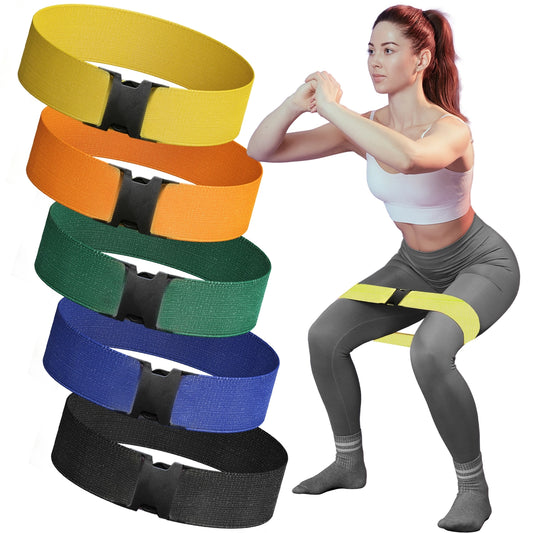 Woman using a yellow fabric resistance loop band while performing a squat, shown with a set of colorful adjustable exercise bands for hip, glute, leg, and lower body strength training.