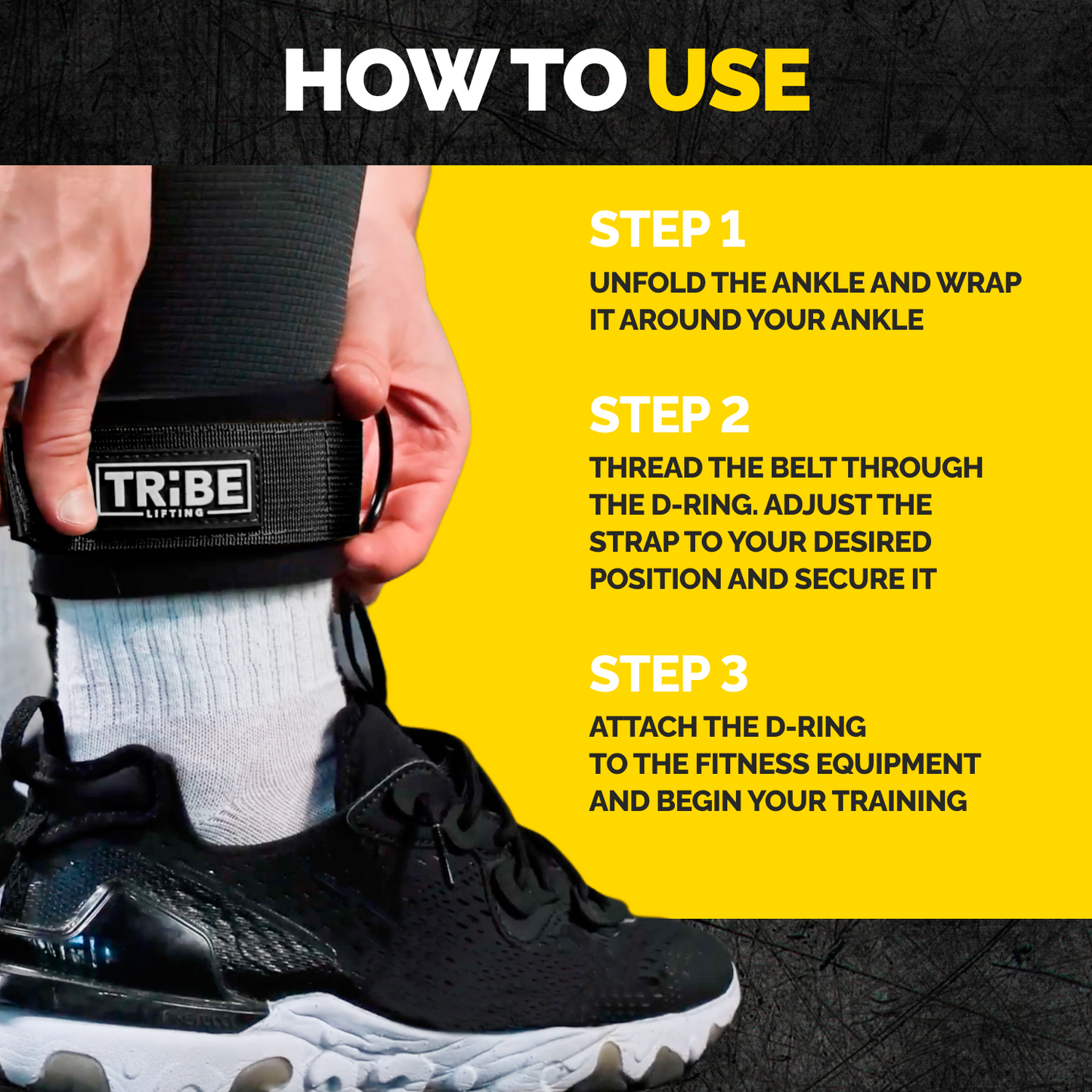 How to wrap and secure a Tribe Lifting padded ankle strap with double D-rings before connecting it to cable equipment