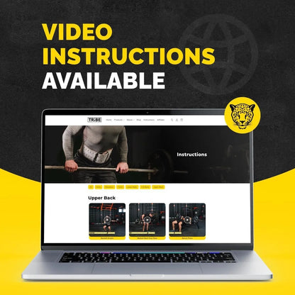 Laptop screen showing online video instructions for the Tribe Lifting 5mm genuine leather weight lifting belt