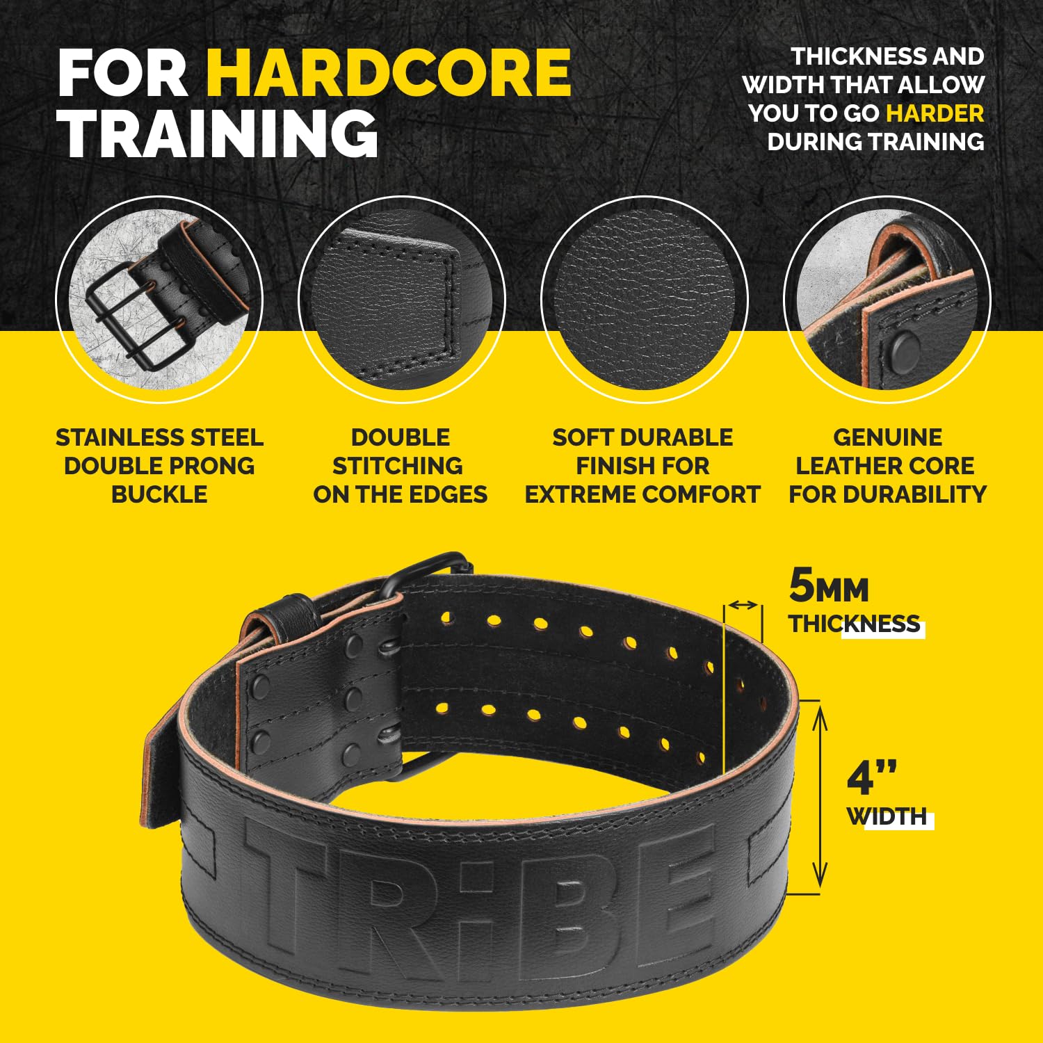 Black Tribe Lifting 5mm genuine leather weight lifting belt showing double prong buckle stitching leather construction and 4 inch width for hardcore training