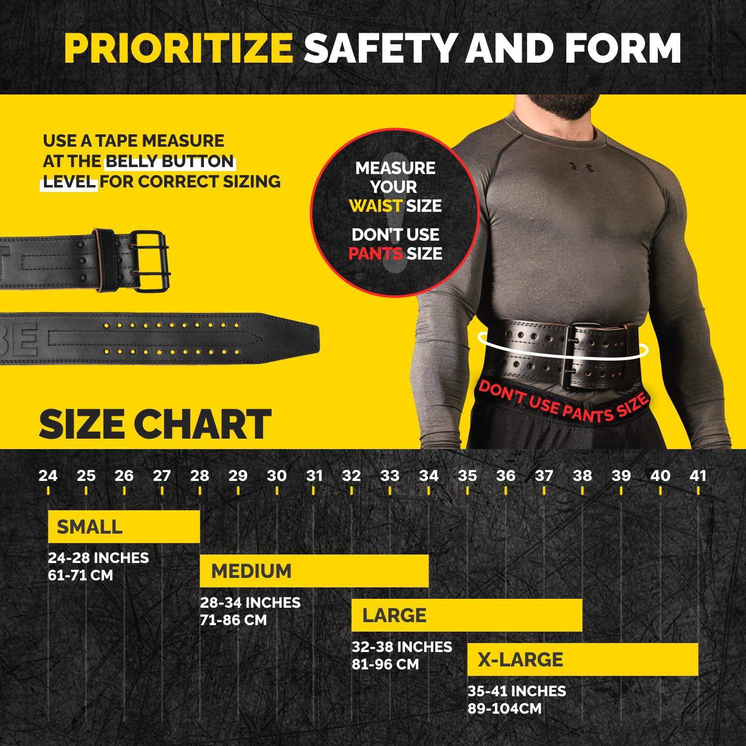 Size chart for the black Tribe Lifting 5mm genuine leather weight lifting belt with waist measurement guidance and small to x-large sizing