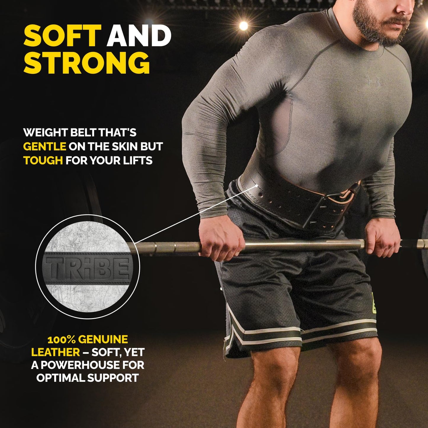 Man using the black Tribe Lifting 5mm genuine leather weight lifting belt during a lift with emphasis on soft leather comfort and strong support