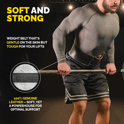 Man using the black Tribe Lifting 5mm genuine leather weight lifting belt during a lift with emphasis on soft leather comfort and strong support
