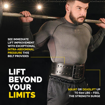 Man wearing the black Tribe Lifting 5mm genuine leather weight lifting belt while performing a barbell squat for added core support and lifting stability