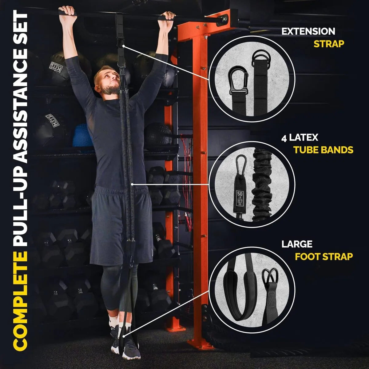 Man using the black Tribe Lifting complete pull-up assistance set with extension strap, four latex tube bands, and large foot strap for assisted pull-up training.