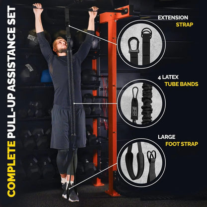Man using the black Tribe Lifting complete pull-up assistance set with extension strap, four latex tube bands, and large foot strap for assisted pull-up training.