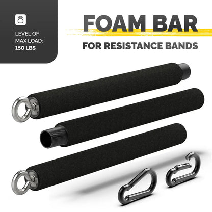 Tribe Lifting black foam bar for resistance bands with detachable sections, metal rings, carabiner attachments, and 150 lbs max load for comfortable strength training support.