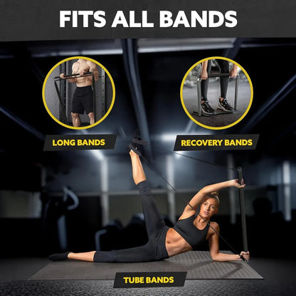 Woman using the Tribe Lifting black foam resistance band bar with tube bands, showing compatibility with long bands, recovery bands, and tube bands for versatile strength training workouts.
