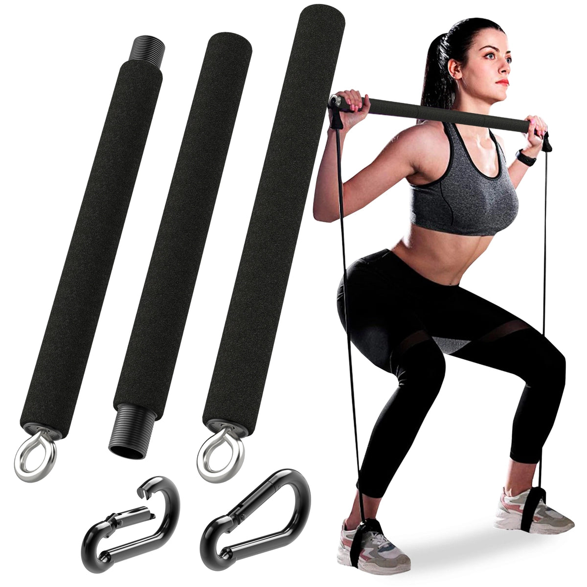 Woman using the Tribe Lifting black foam resistance band bar while performing a squat, shown with detachable foam bar sections, metal rings, and carabiner attachments for strength training workouts.