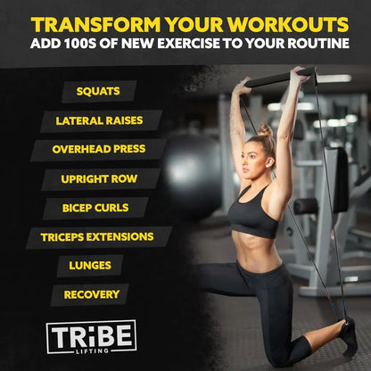 Woman using the Tribe Lifting black foam resistance band bar for overhead press and lunge training, showing versatile workout options like squats, curls, rows, triceps extensions, and recovery exercises.