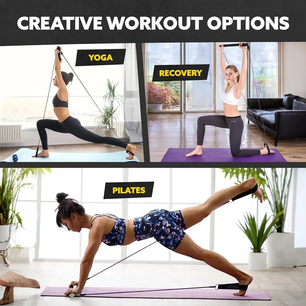 Women using the Tribe Lifting black foam resistance band bar for creative workout options, including yoga, Pilates, and recovery exercises at home.