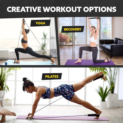 Women using the Tribe Lifting black foam resistance band bar for creative workout options, including yoga, Pilates, and recovery exercises at home.