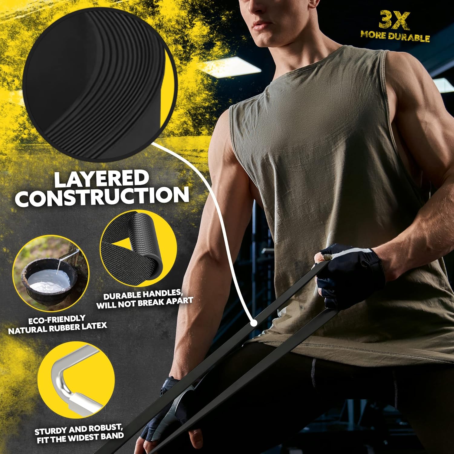 Black Tribe Lifting latex resistance bands with layered construction, durable handles, carabiner compatibility, and natural rubber latex design.