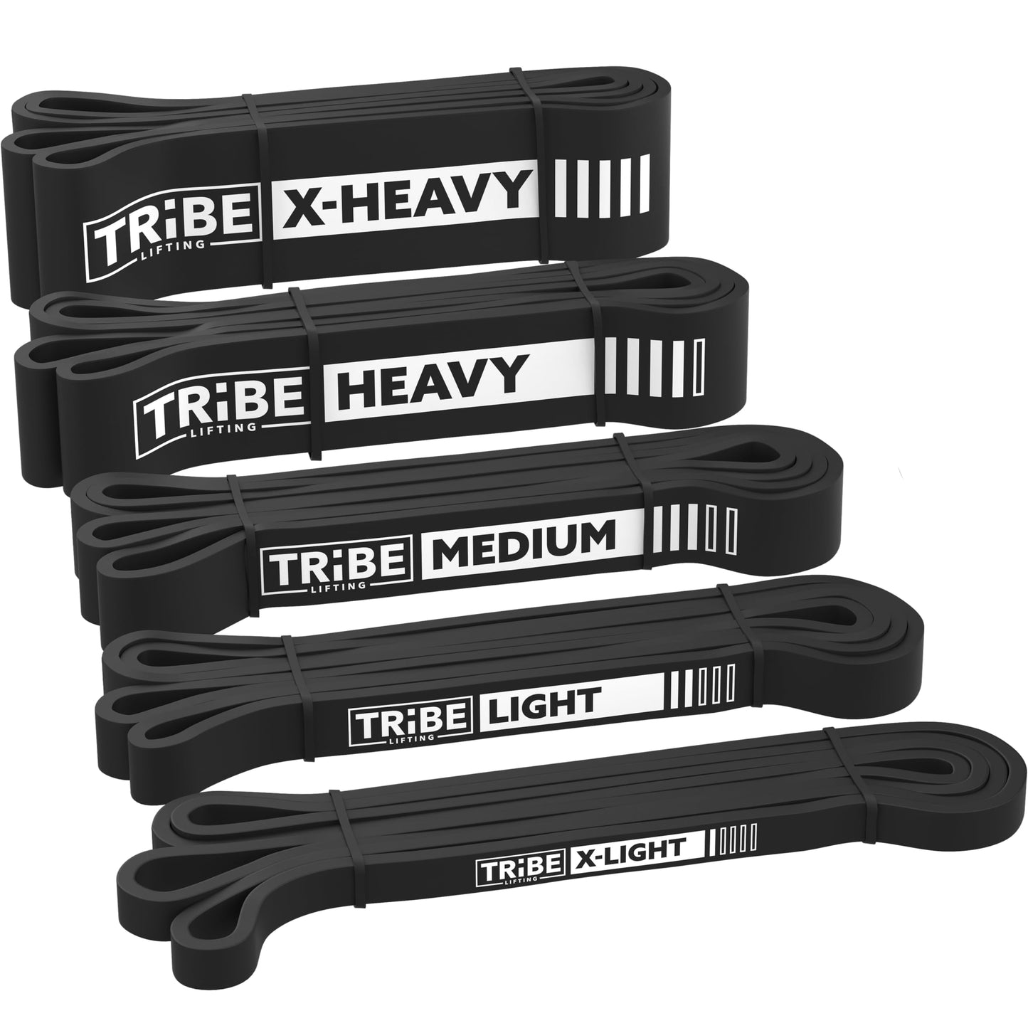 Black Tribe Lifting latex resistance bands set with five resistance levels, including X-heavy, heavy, medium, light, and X-light bands.