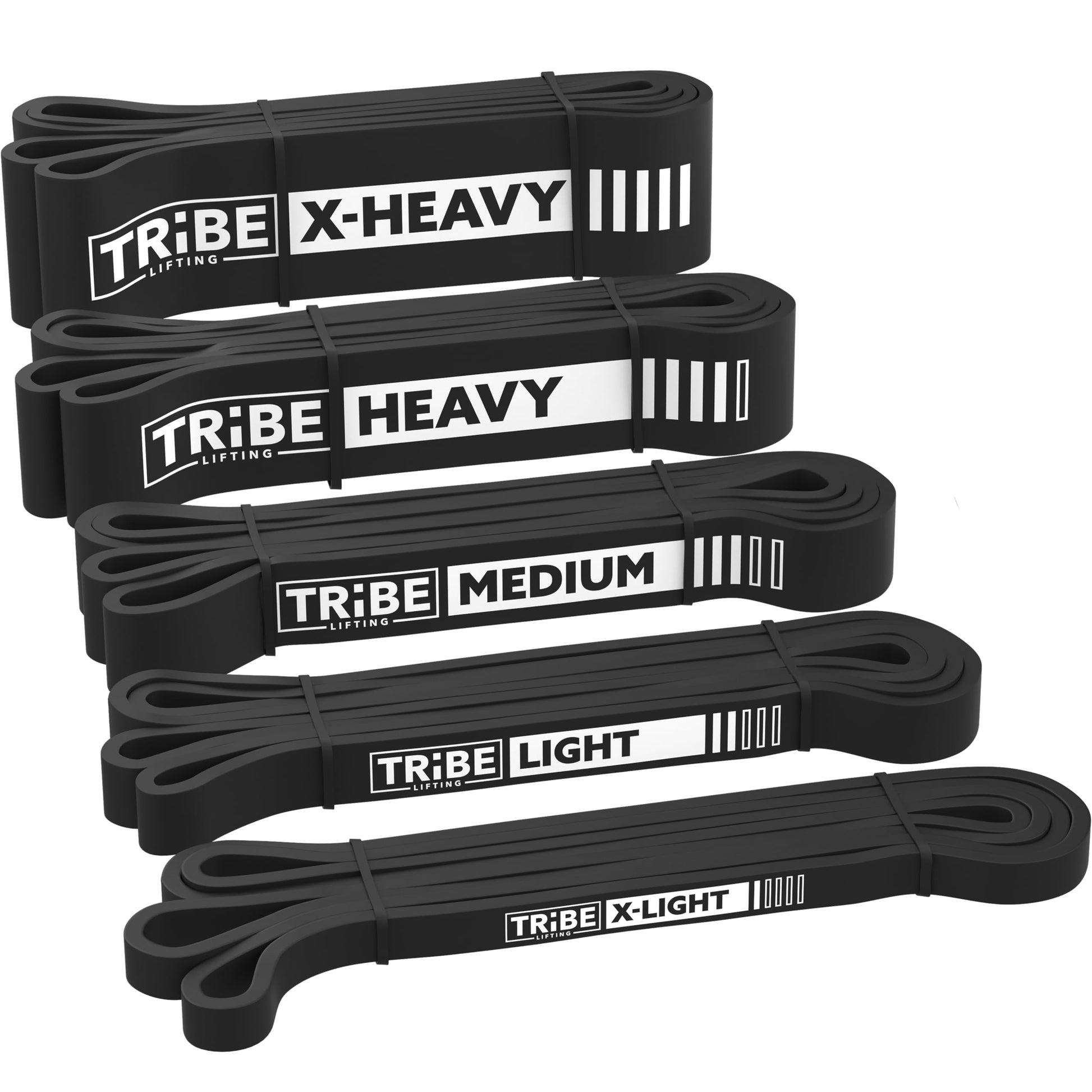 Black Tribe Lifting latex resistance bands set with five resistance levels, including X-heavy, heavy, medium, light, and X-light bands.