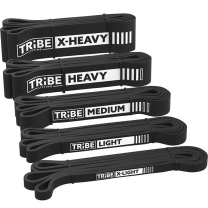 Black Tribe Lifting latex resistance bands set with five resistance levels, including X-heavy, heavy, medium, light, and X-light bands.