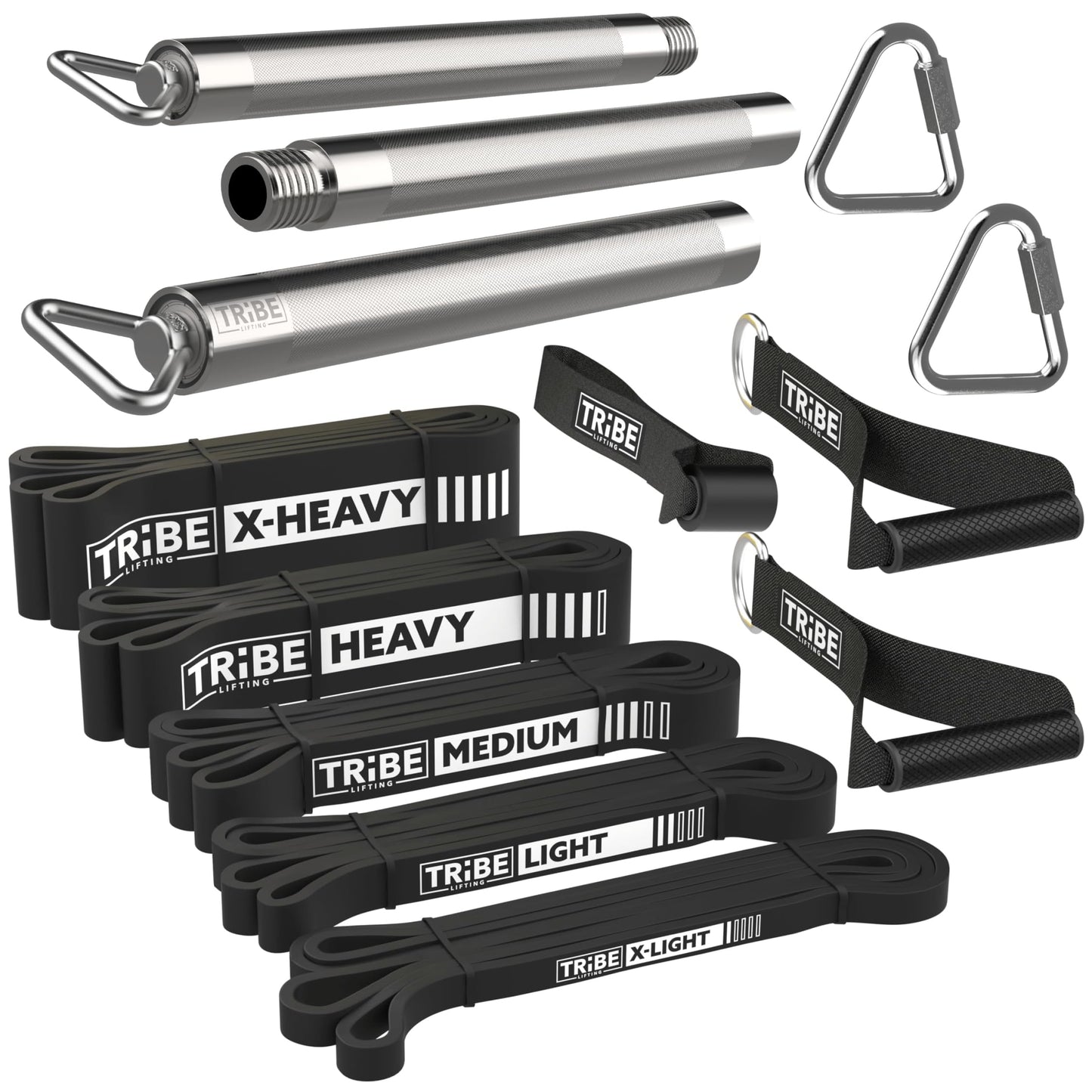 Black Tribe Lifting latex resistance bands set with five bands, chrome workout bar, carabiners, rubber handles, and door anchor attachments.