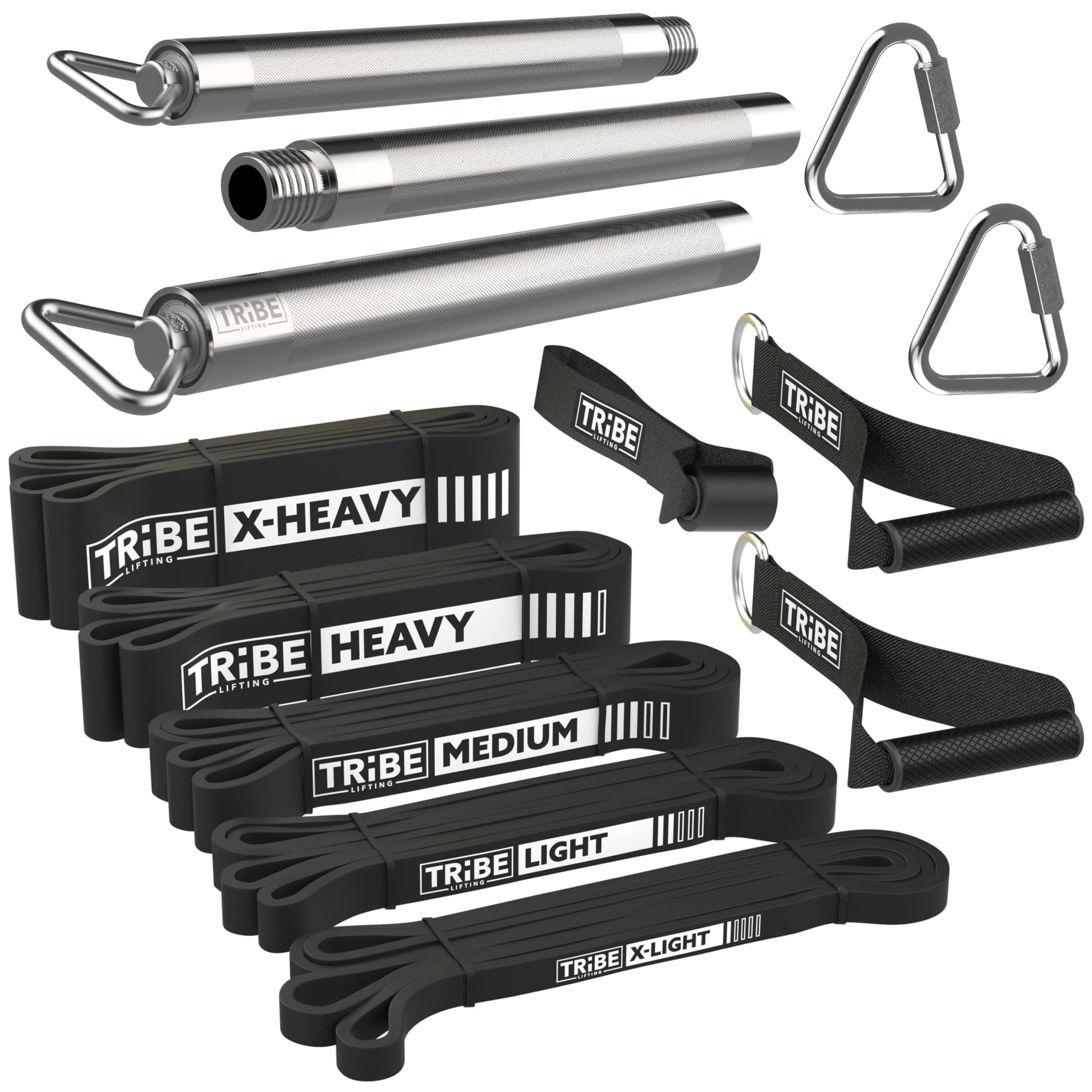 Black Tribe Lifting latex resistance bands set with five bands, chrome workout bar, carabiners, rubber handles, and door anchor attachments.